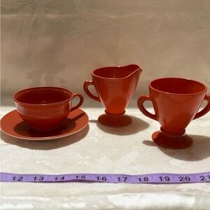 Vintage 1940’s Hazel Atlas Cup and Saucer, Sugar Dish and Creamer - Brick/Coral